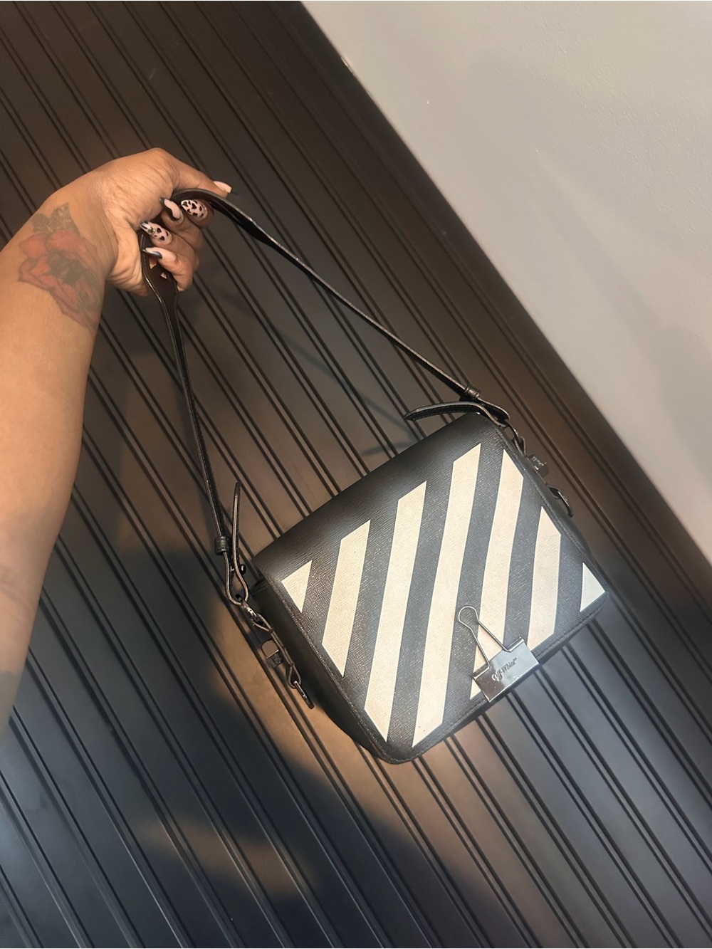 Off-White Black and White Diagonal-Stripe Crossbody Bag